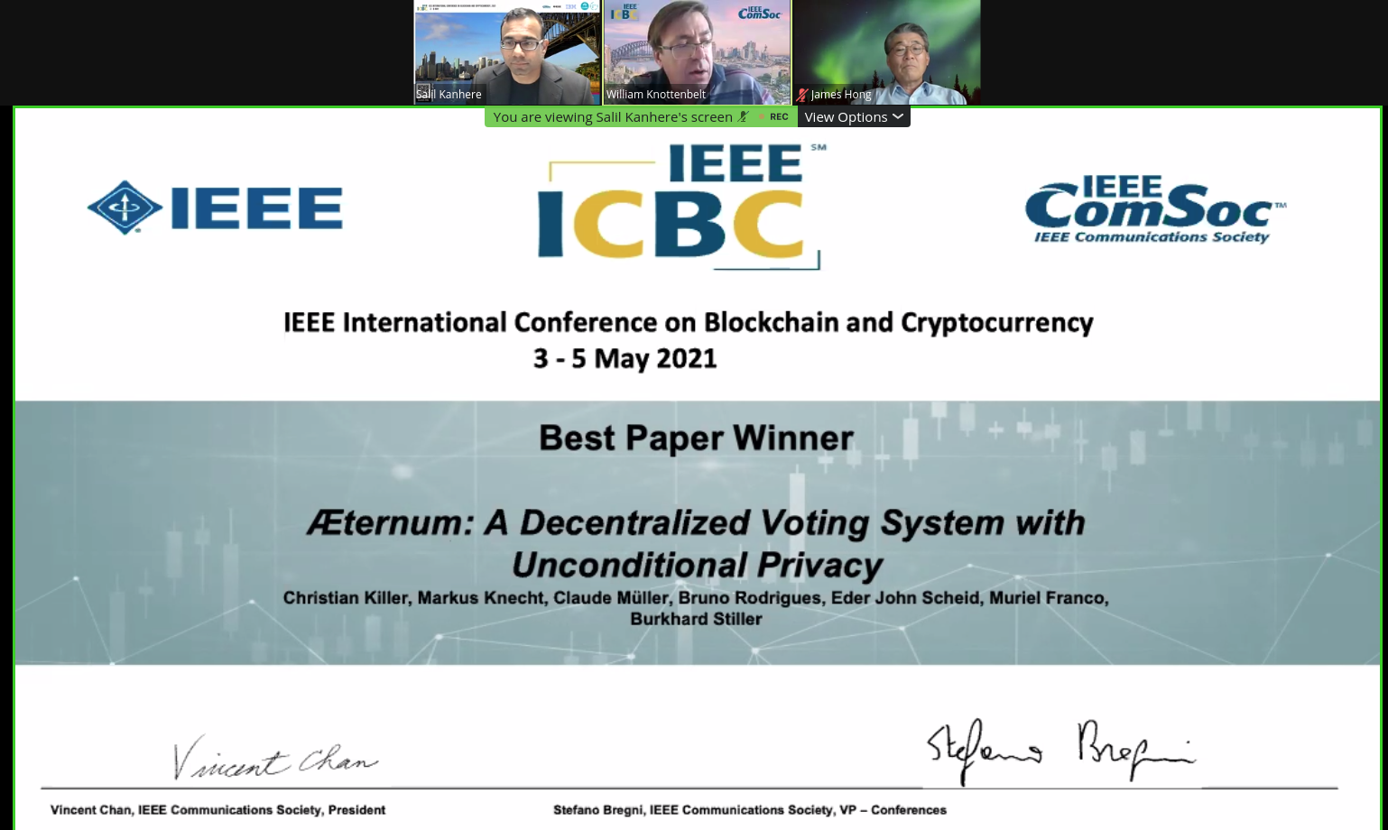 ICBC 2021 Best Paper Certificate as a Screen Shot off the Streamed Closing Session